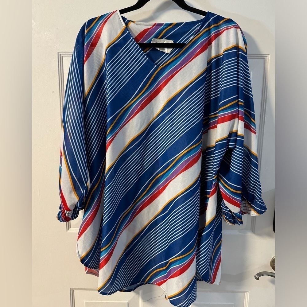 VTG 70s Smartique Tunic Coverup Striped Dress 3/4 Sleeve Boho Indie Vacation